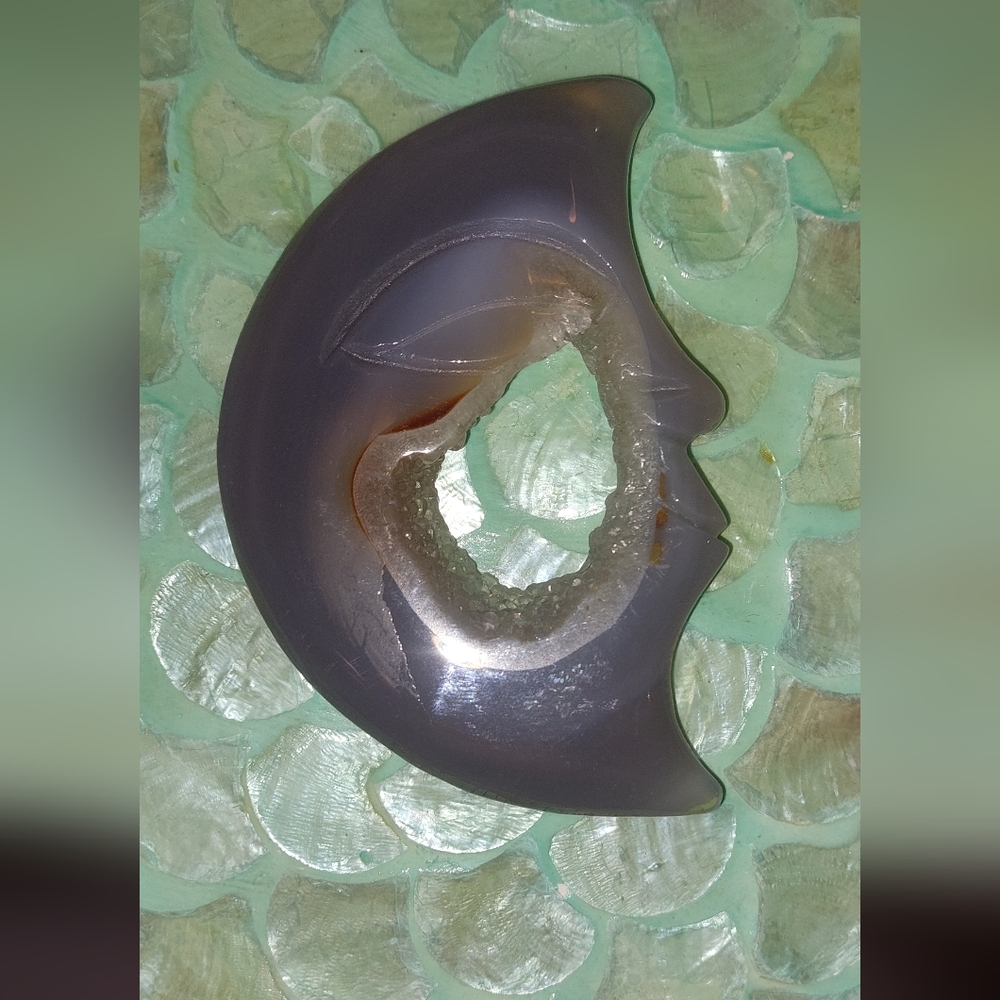 Blue Lace Agate Druzy Sleeping Moon Carved Stone - Picture 2 of 5